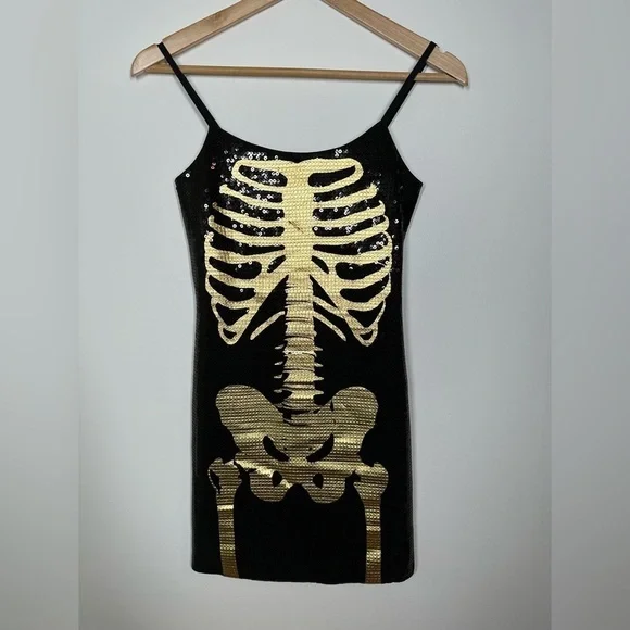 H&M Black and Gold Skeleton Sequin Mini Dress XS - Picture 1 of 6